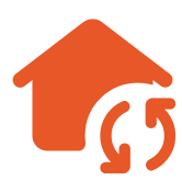 Orange house icon with circular arrow.
